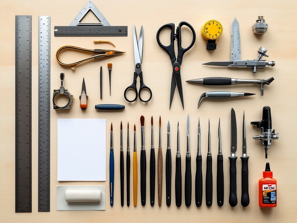 Profesionalni alati za izradu arhitektonskih maketa: precizni merni instrumenti, skalpeli, četkice i specijalizovani alati koje koristi Makete.rs